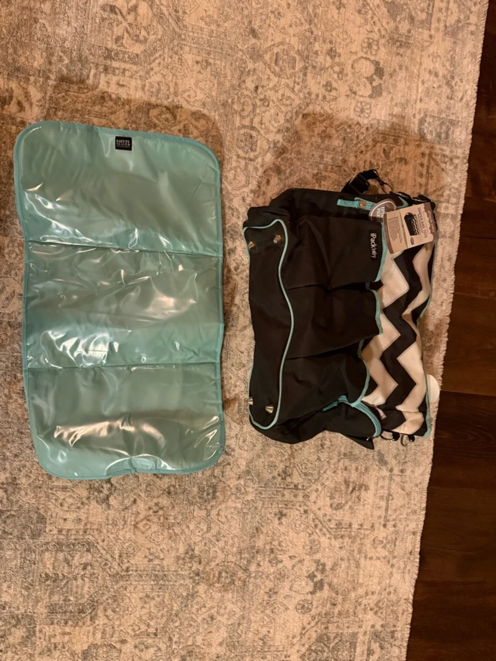Chevron Baby Bag Organizer Tote in Black, White & Aqua